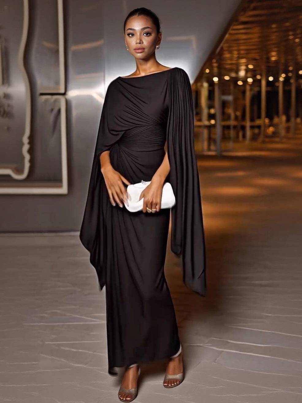 Dress in Chiffon — Cape Sleeve Maxi with Boat Neck and Ruched Waist for Formal Events