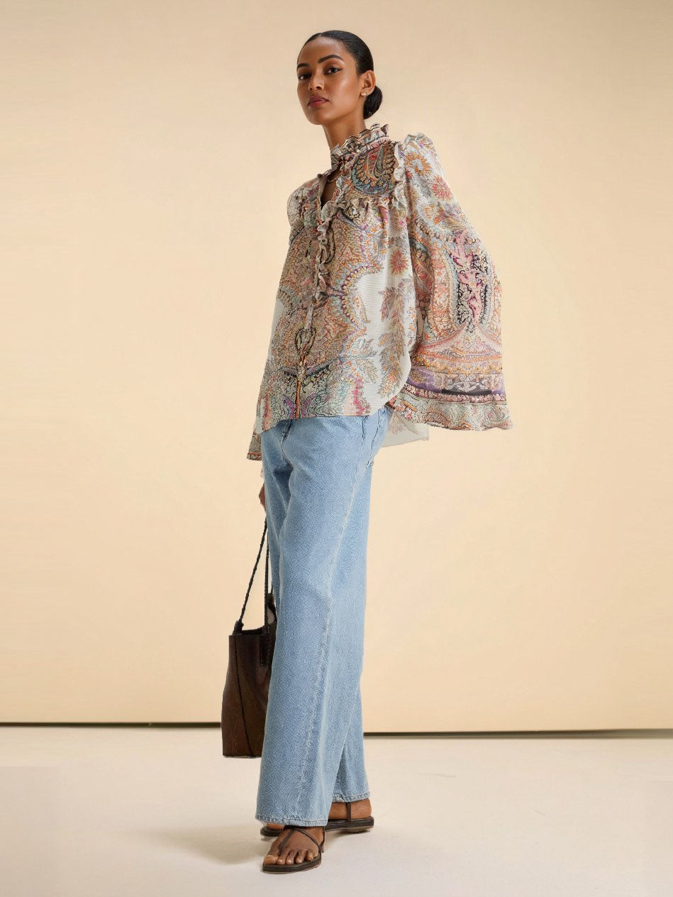 Blouse in Chiffon — Paisley Print with Ruffle V-Neck and Long Bell Sleeves for Boho Style