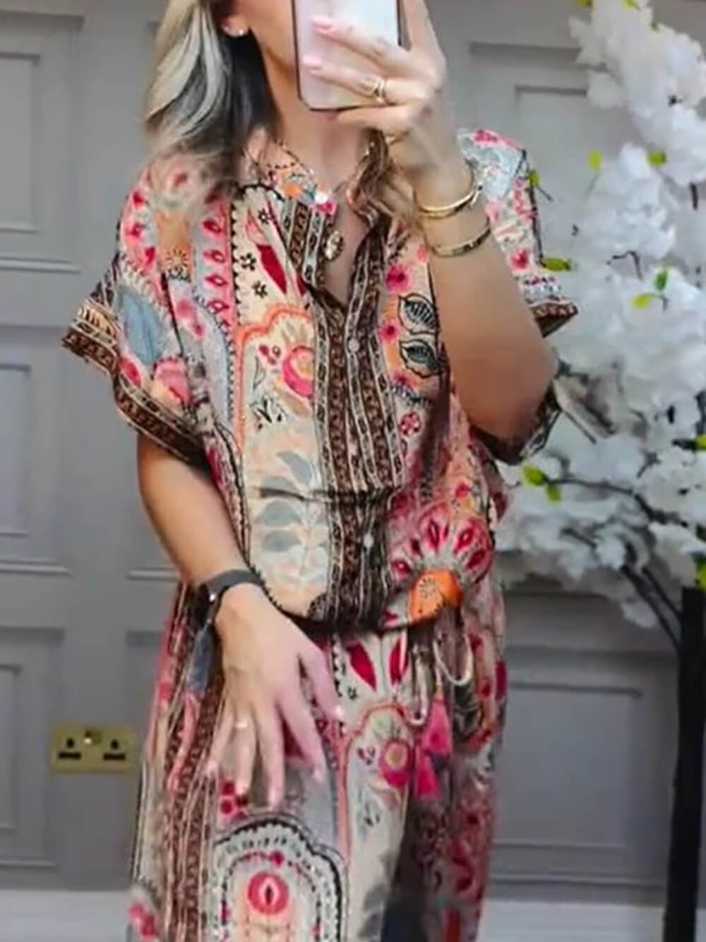 Blouse in Viscose — Short Sleeve Boho Paisley Print with Button Front Collar Neck