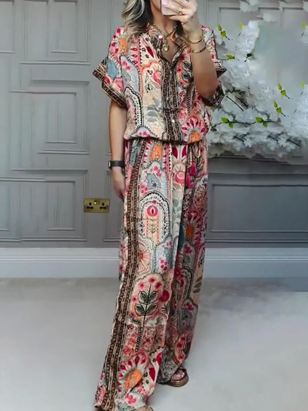 Blouse in Viscose — Short Sleeve Boho Paisley Print with Button Front Collar Neck