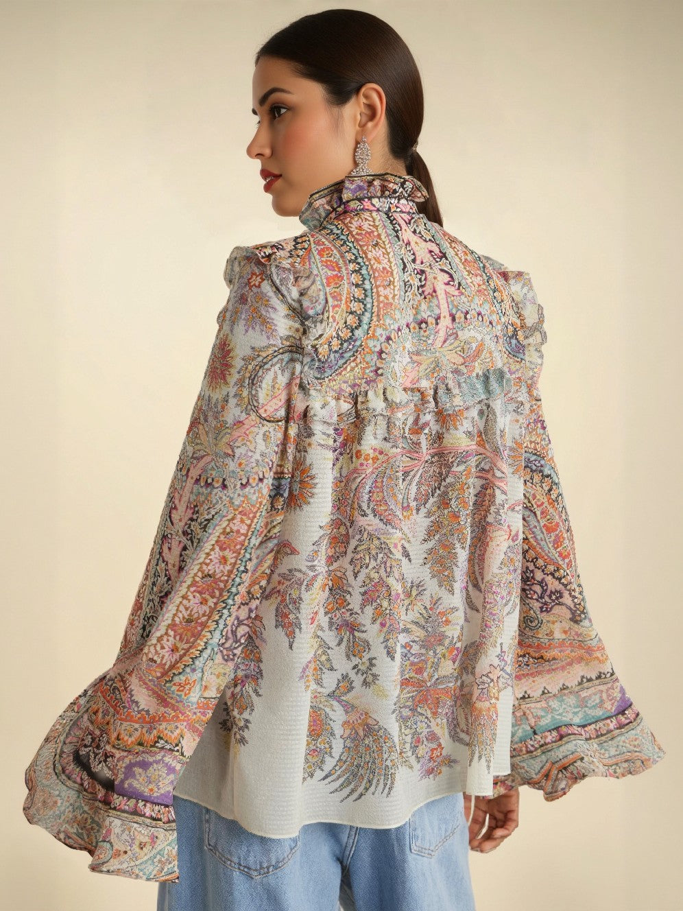 Blouse in Chiffon — Paisley Print with Ruffle V-Neck and Long Bell Sleeves for Boho Style