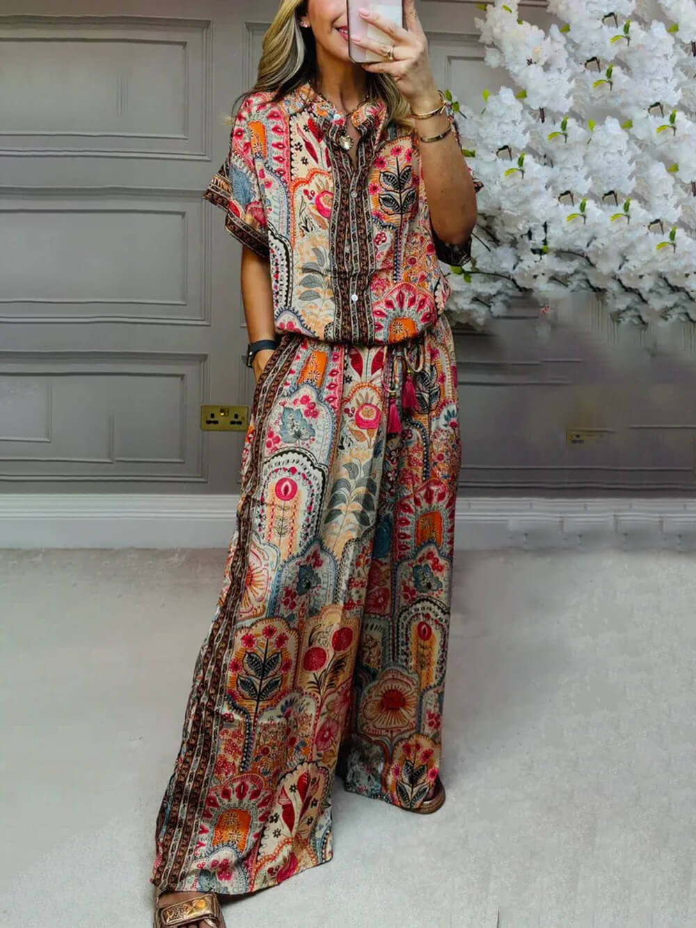 Blouse in Viscose — Short Sleeve Boho Paisley Print with Button Front Collar Neck