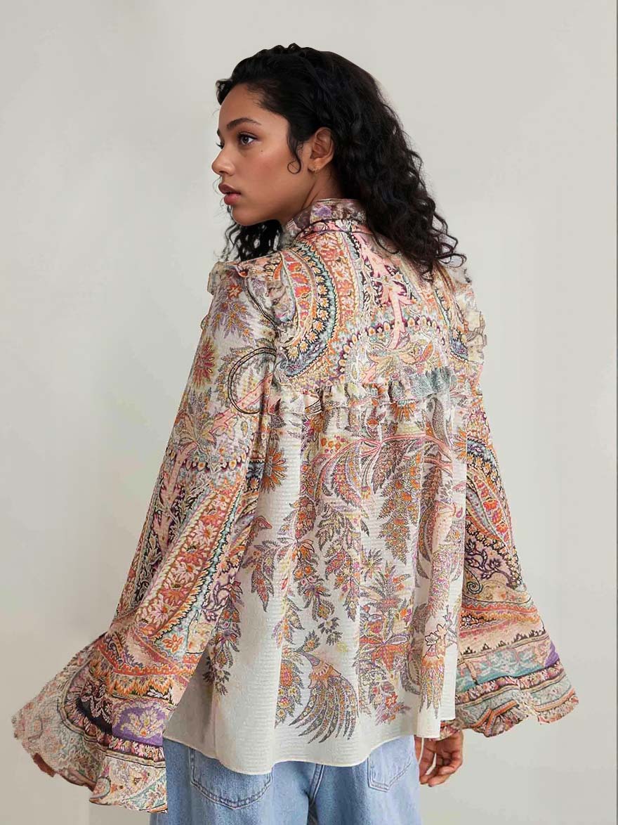 Blouse in Chiffon — Paisley Print with Ruffle V-Neck and Long Bell Sleeves for Boho Style