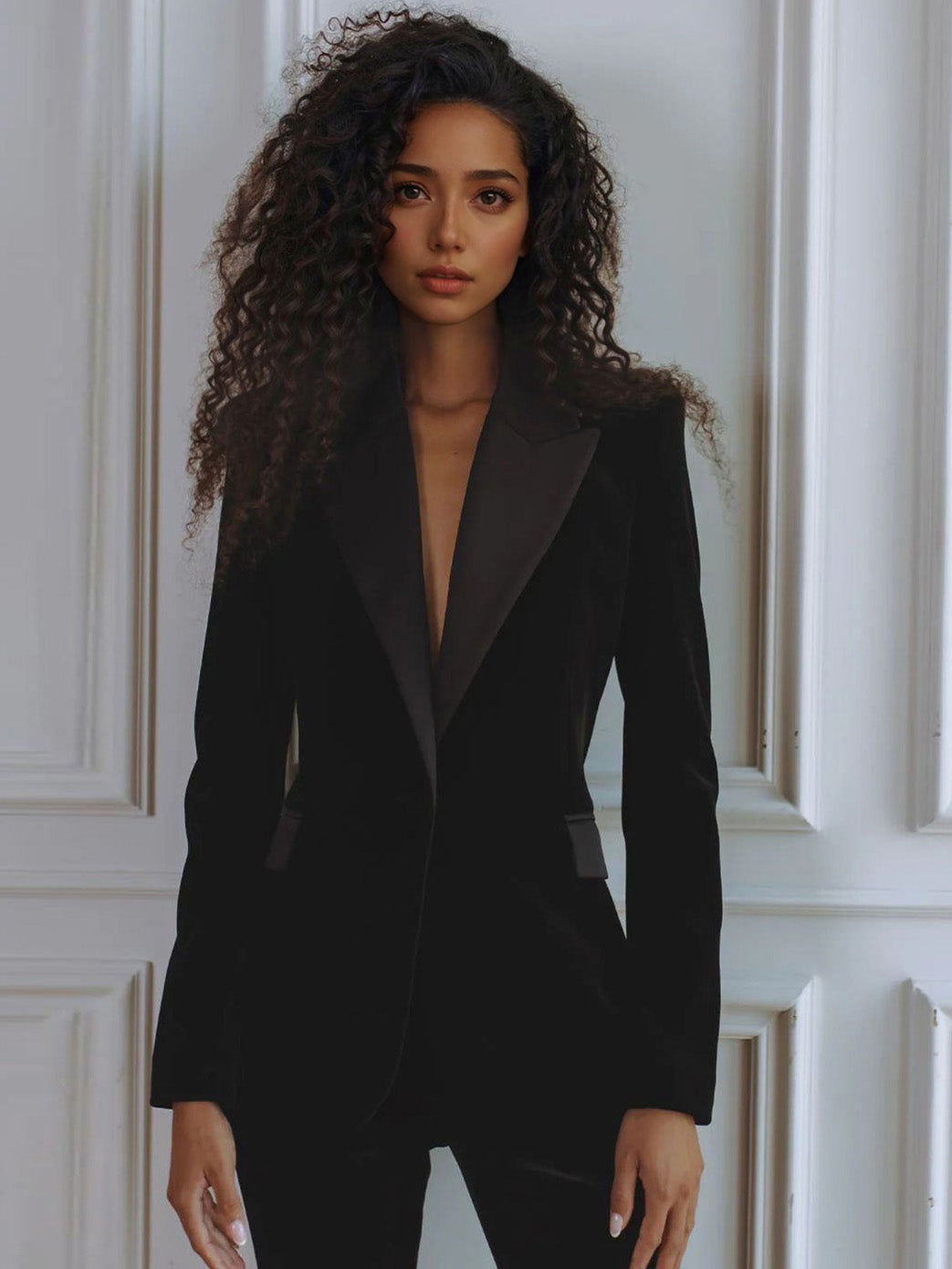 Blazer in Velvet — Slim Fit Single Button Closure with Satin Lapel Trim for Women