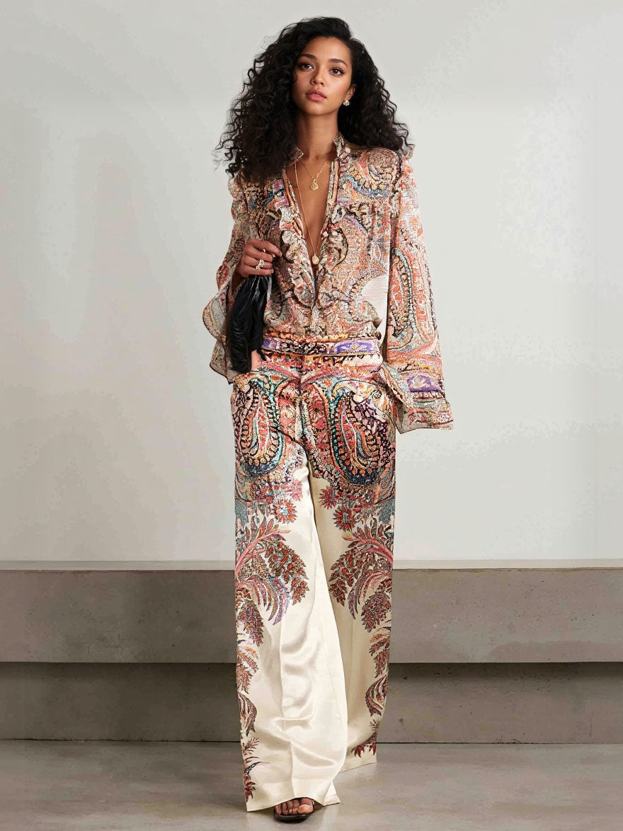Blouse in Chiffon — Paisley Print with Ruffle V-Neck and Long Bell Sleeves for Boho Style