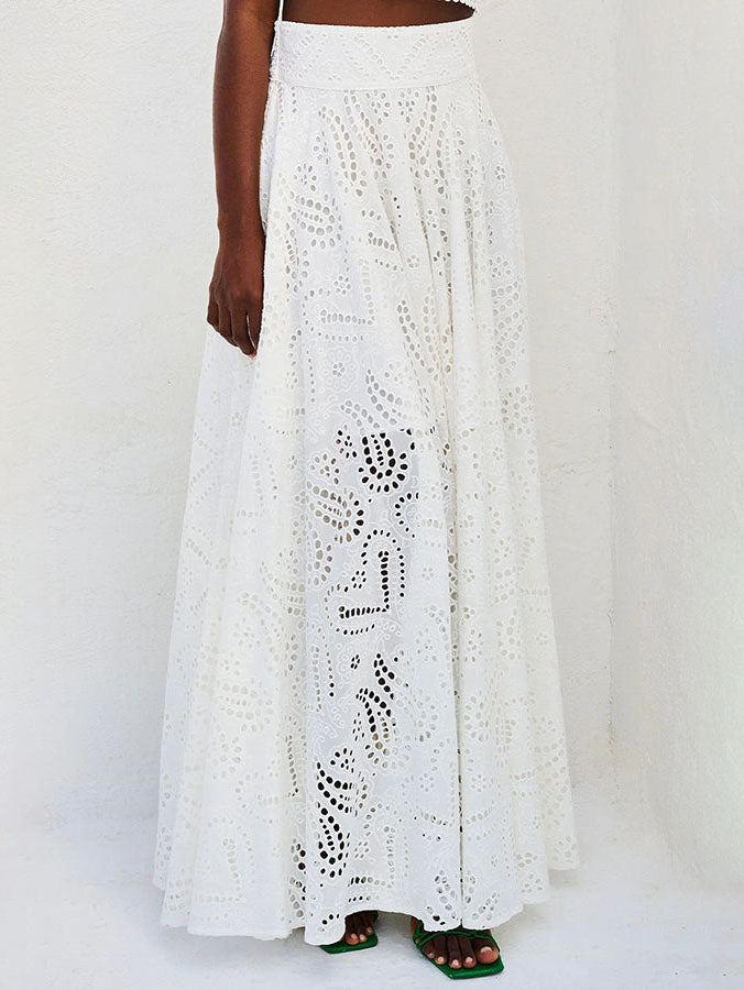 Skirt in Cotton — High Waist Eyelet Lace Maxi in Full A-Line for Boho Summer Style