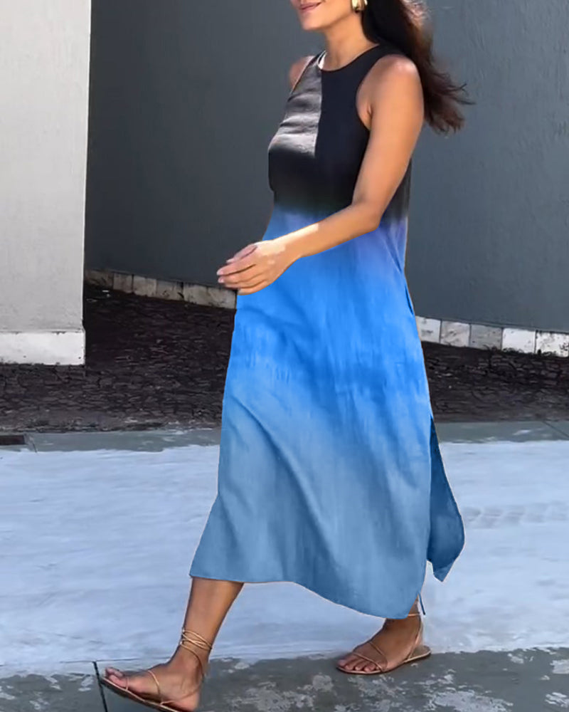 Dress in Viscose Ombre Midi — Sleeveless Crew Neck with Side Slit for Summer