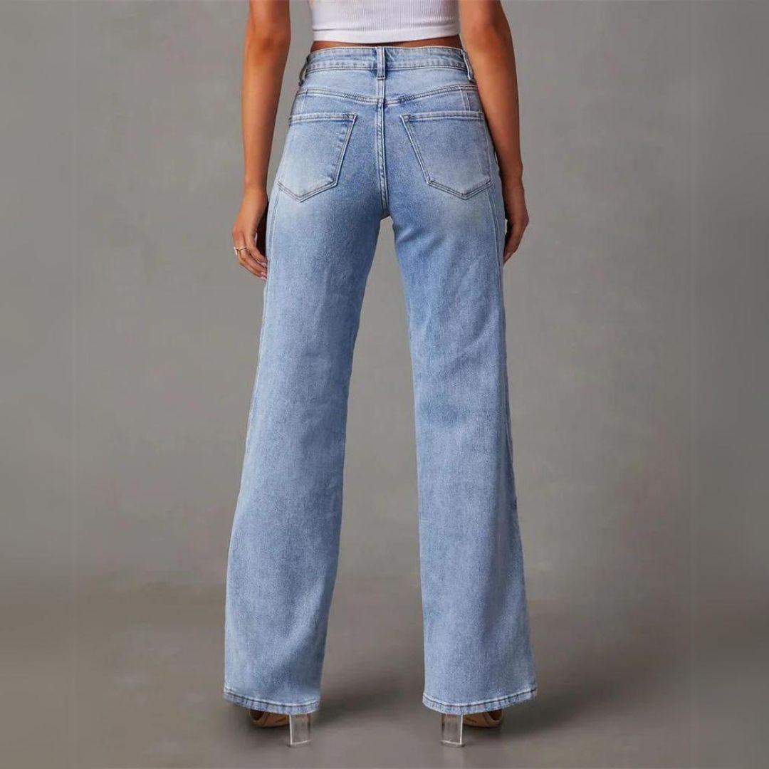Jeans in Denim — High Rise Flare Leg with Front Panel Seam Detail for Women