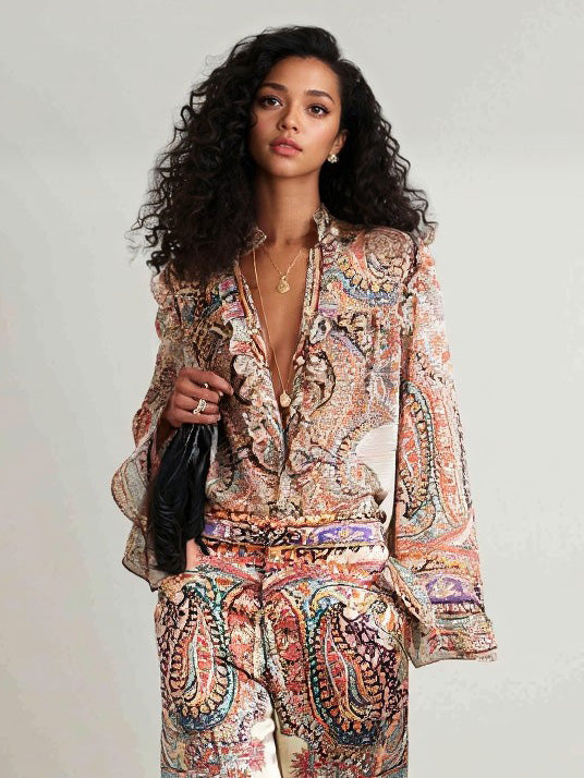 Blouse in Chiffon — Paisley Print with Ruffle V-Neck and Long Bell Sleeves for Boho Style