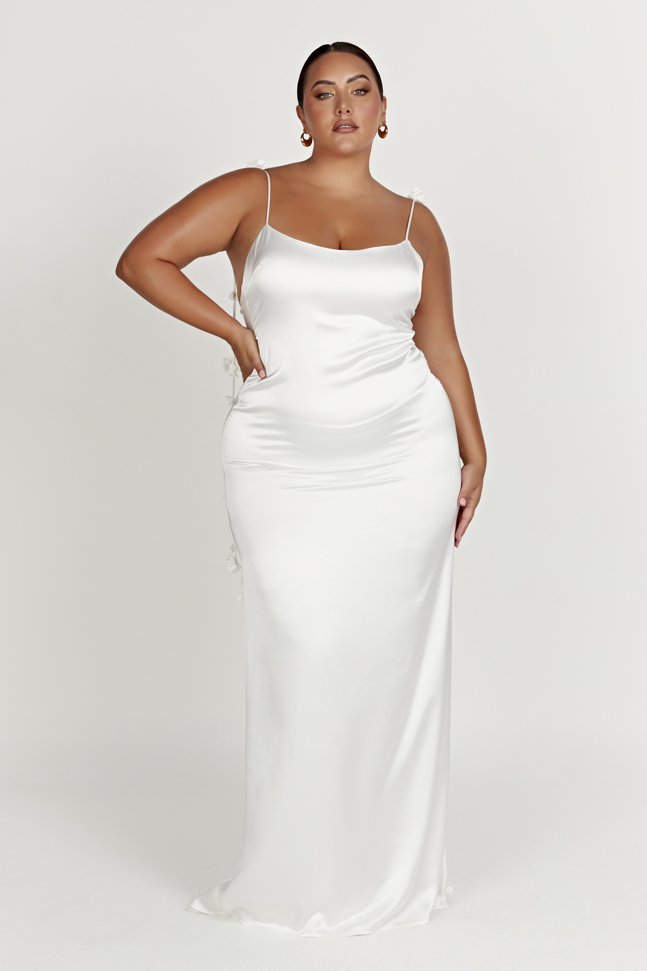 Dress in Satin — Backless Slip Maxi with 3D Floral Strap Detail for Bridal and Wedding