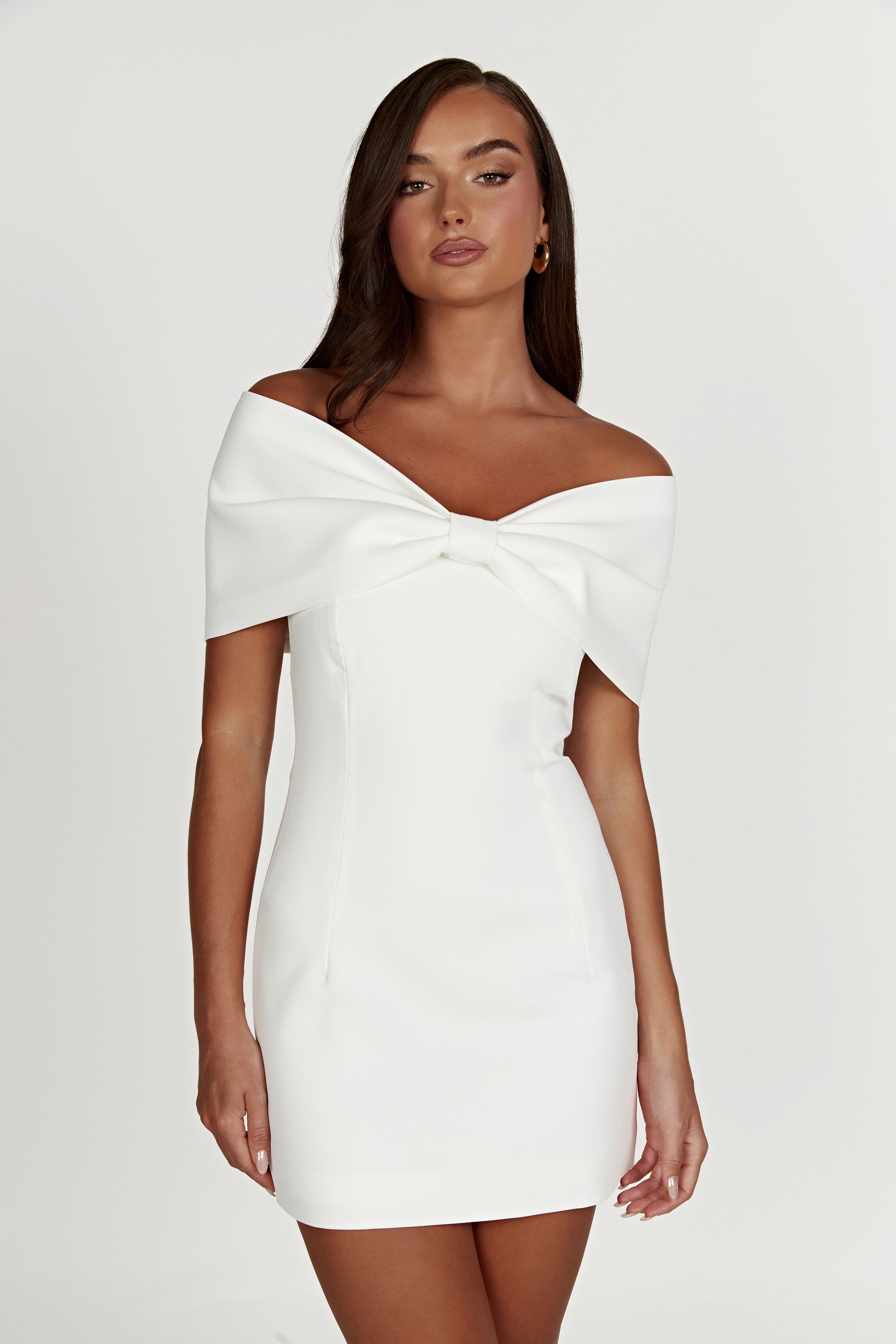 Dress in Satin Mini — Off Shoulder Bodycon with Bow Detail for Bridal and Party