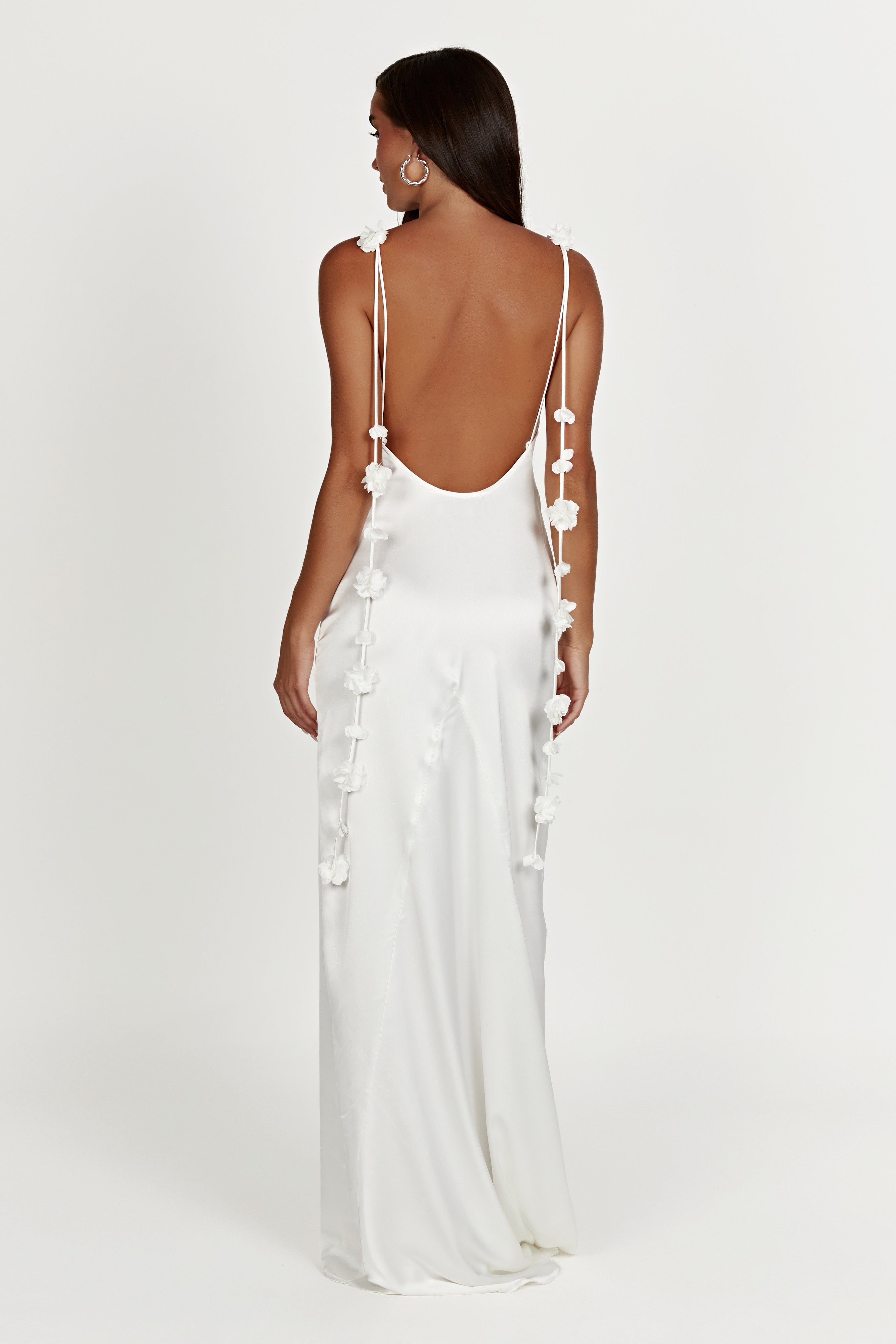 Dress in Satin — Backless Slip Maxi with 3D Floral Strap Detail for Bridal and Wedding