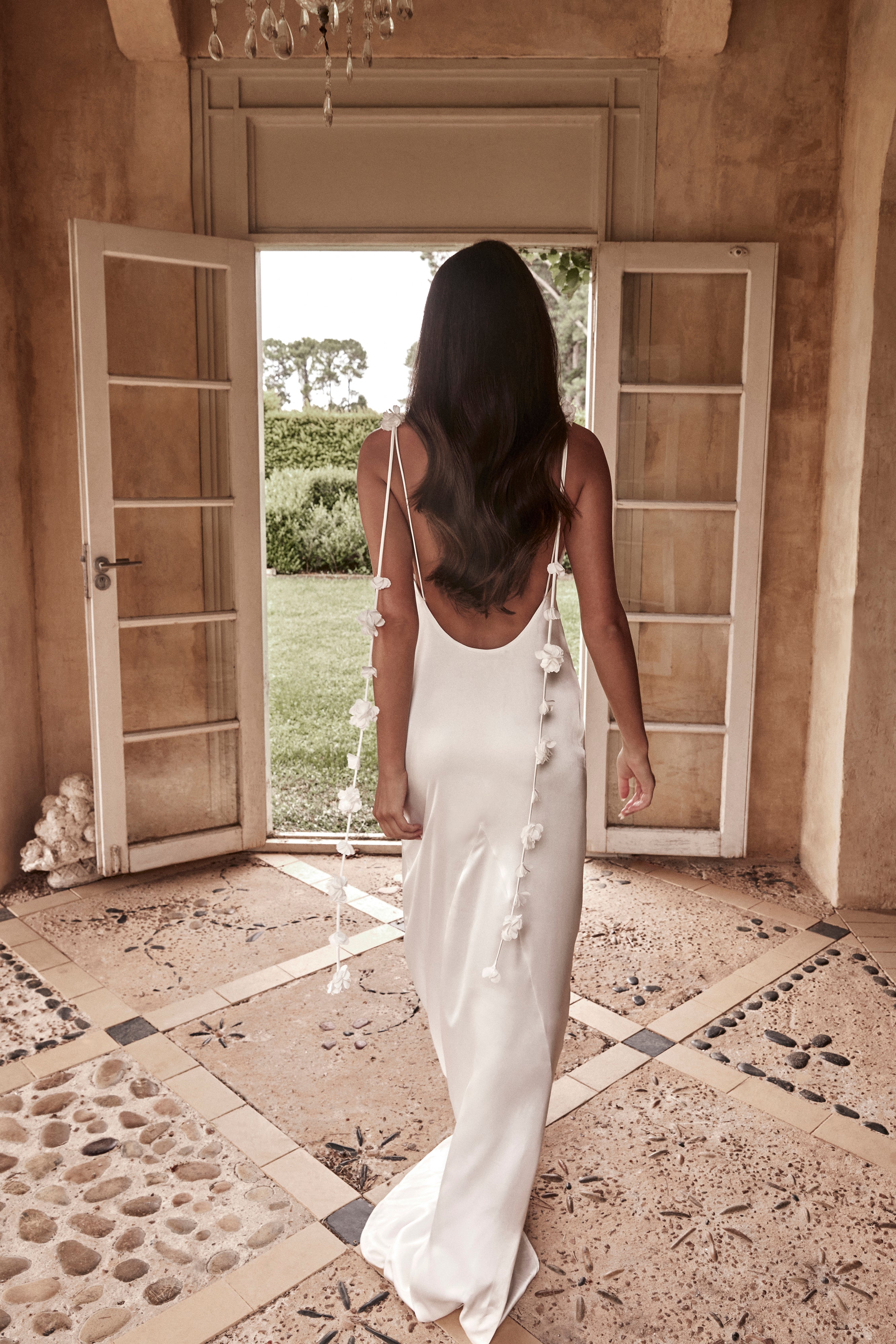 Dress in Satin — Backless Slip Maxi with 3D Floral Strap Detail for Bridal and Wedding