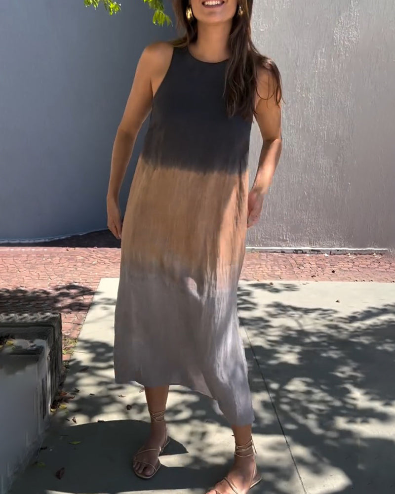 Dress in Viscose Ombre Midi — Sleeveless Crew Neck with Side Slit for Summer