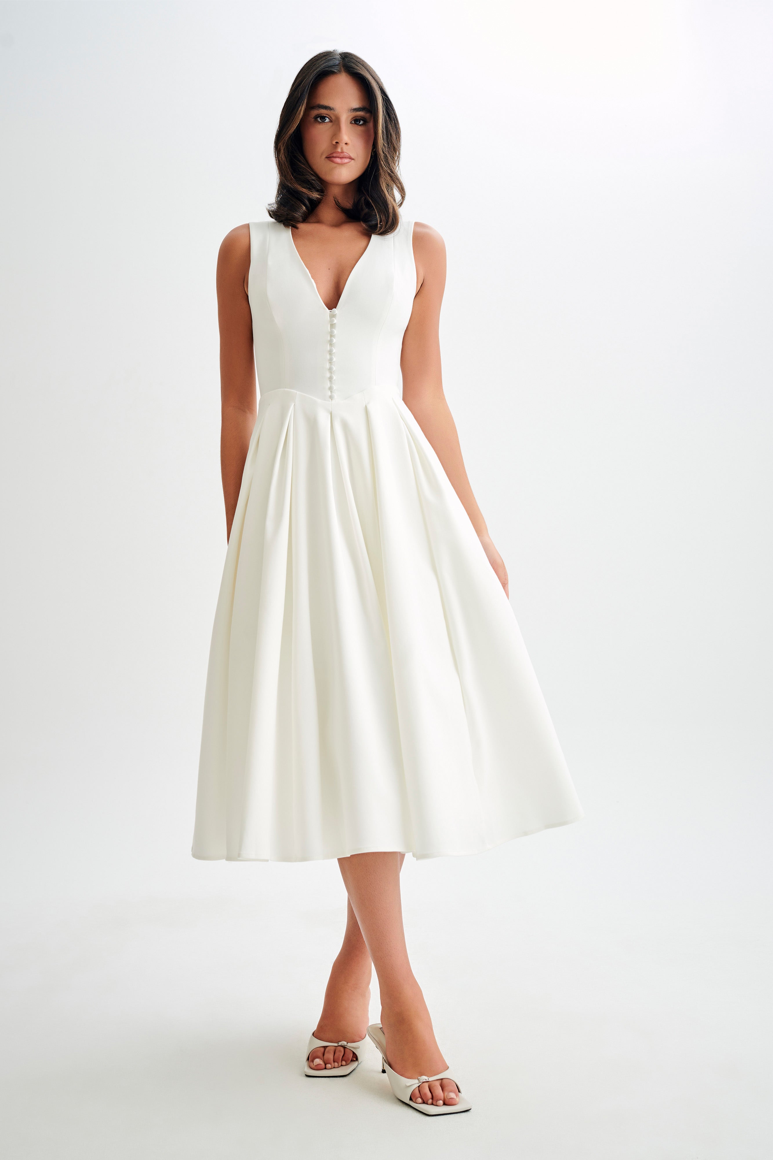 Dress in Satin — Sleeveless Deep V Neck A-Line Midi with Button Detail for Wedding Guest
