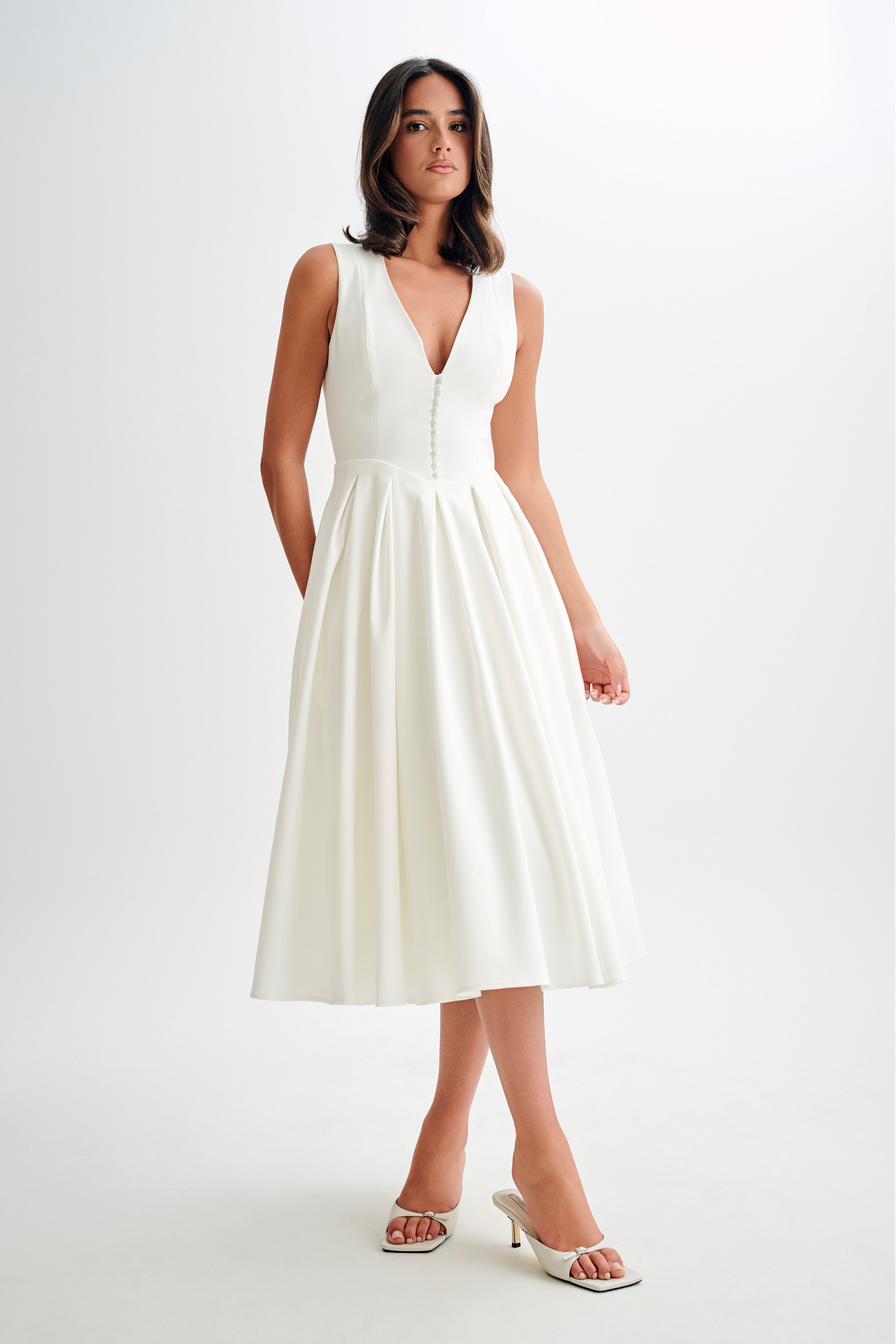 Dress in Satin — Sleeveless Deep V Neck A-Line Midi with Button Detail for Wedding Guest