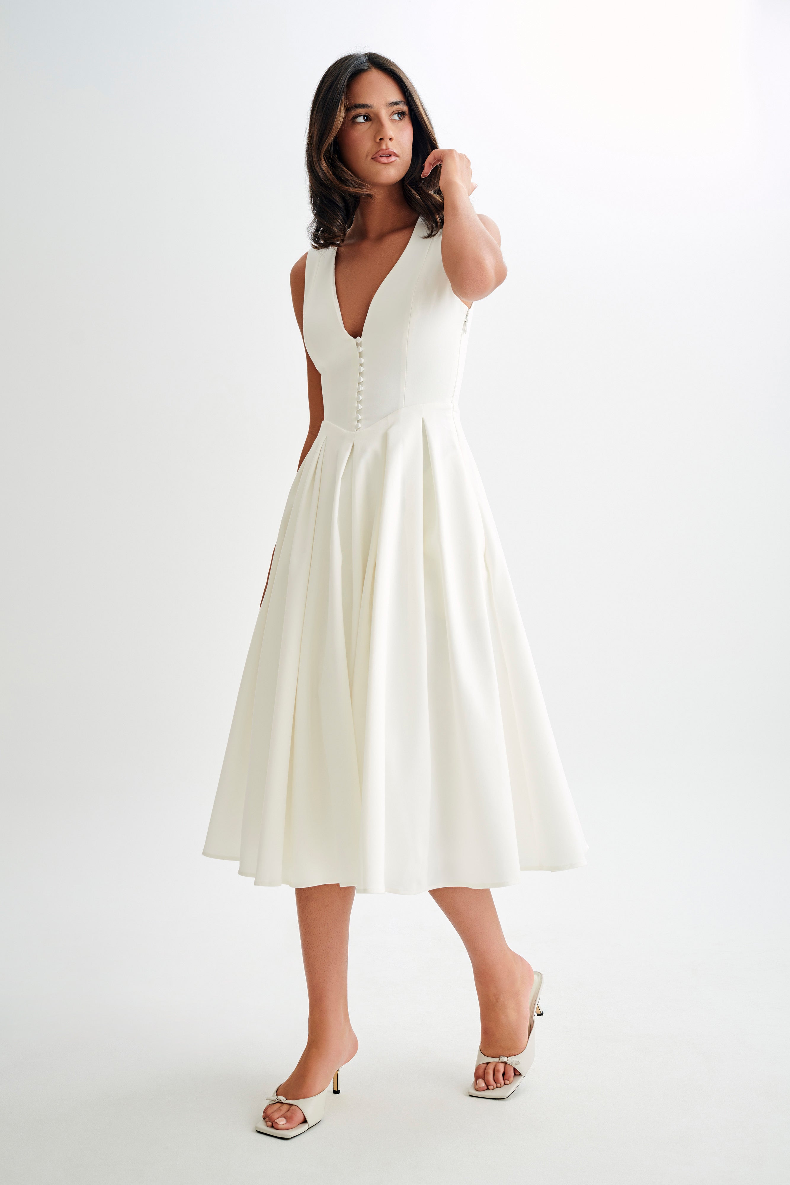 Dress in Satin — Sleeveless Deep V Neck A-Line Midi with Button Detail for Wedding Guest