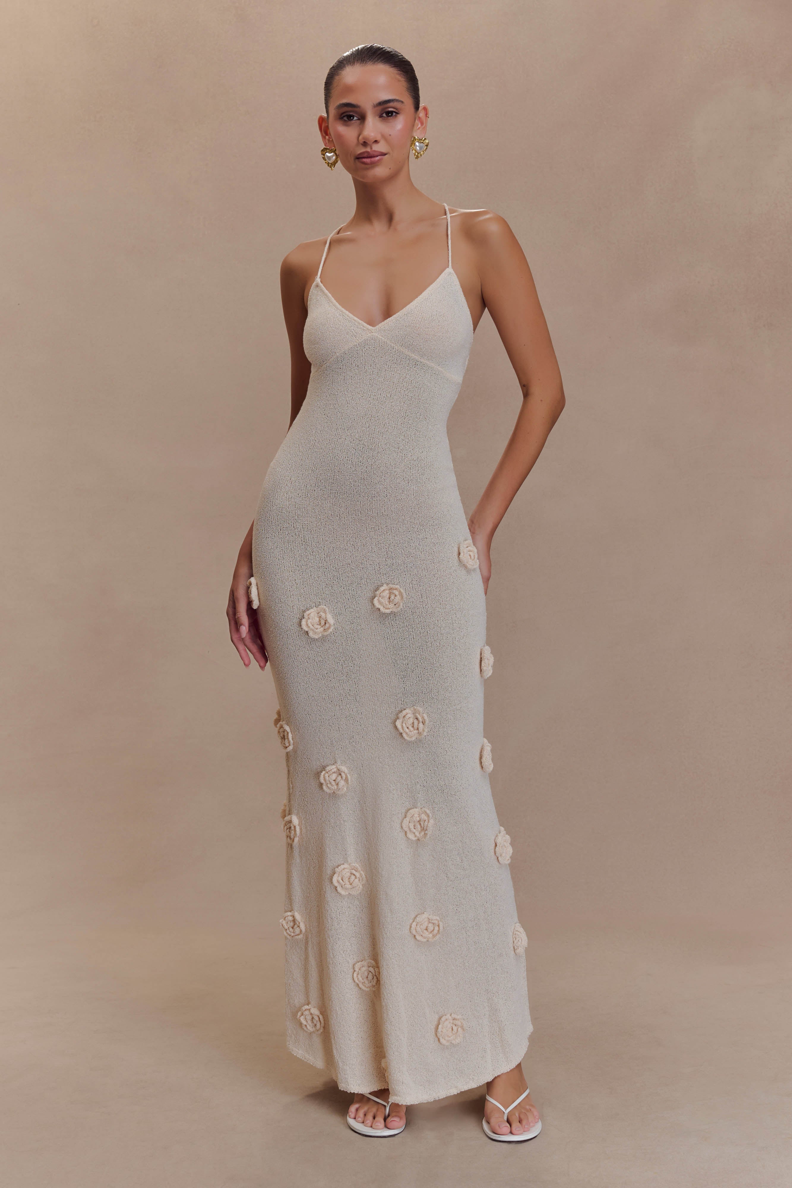 Dress in Knit — Spaghetti Strap V-Neck Bodycon Maxi with 3D Floral Appliqué and Open Back