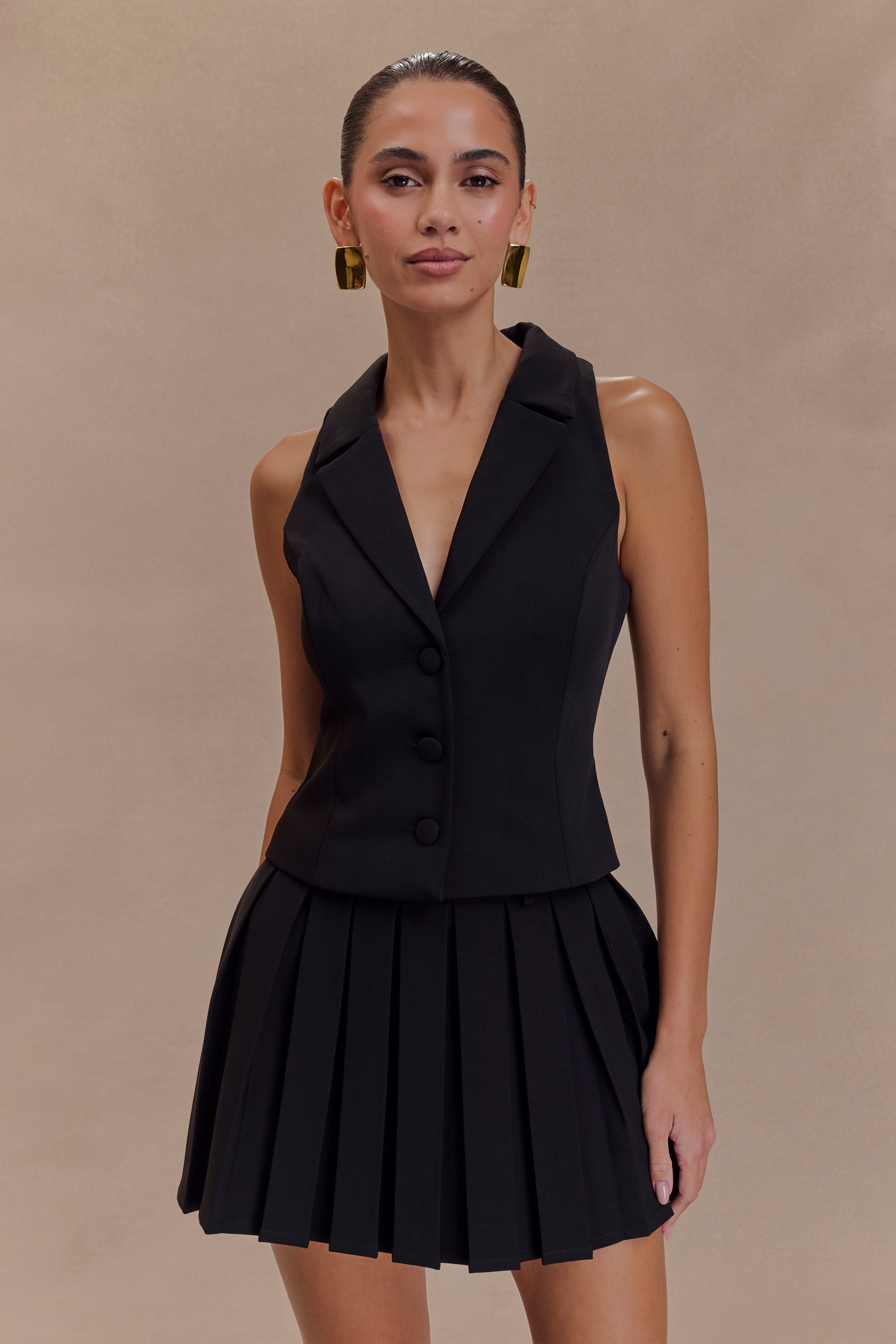 Skirt in Crepe — Pleated Mini with Belt Loops and Tailored Structured Fit