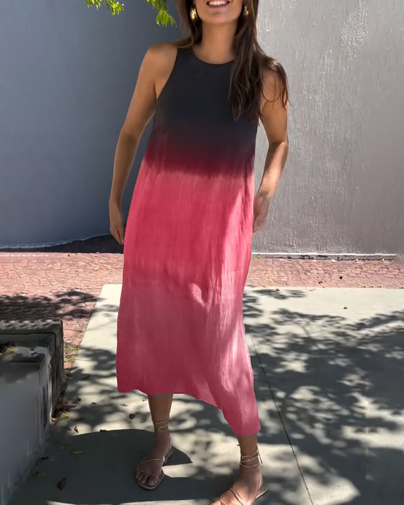 Dress in Viscose Ombre Midi — Sleeveless Crew Neck with Side Slit for Summer