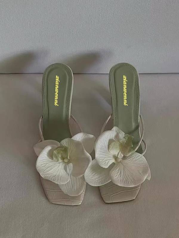 Heels with 3D Orchid Floral Appliqué — Satin Stiletto Square Toe Mule for Women