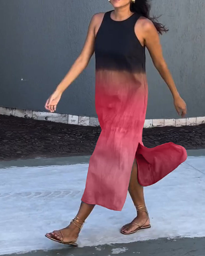 Dress in Viscose Ombre Midi — Sleeveless Crew Neck with Side Slit for Summer