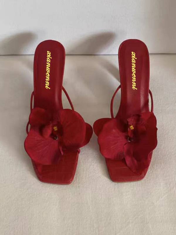 Heels with 3D Orchid Floral Appliqué — Satin Stiletto Square Toe Mule for Women