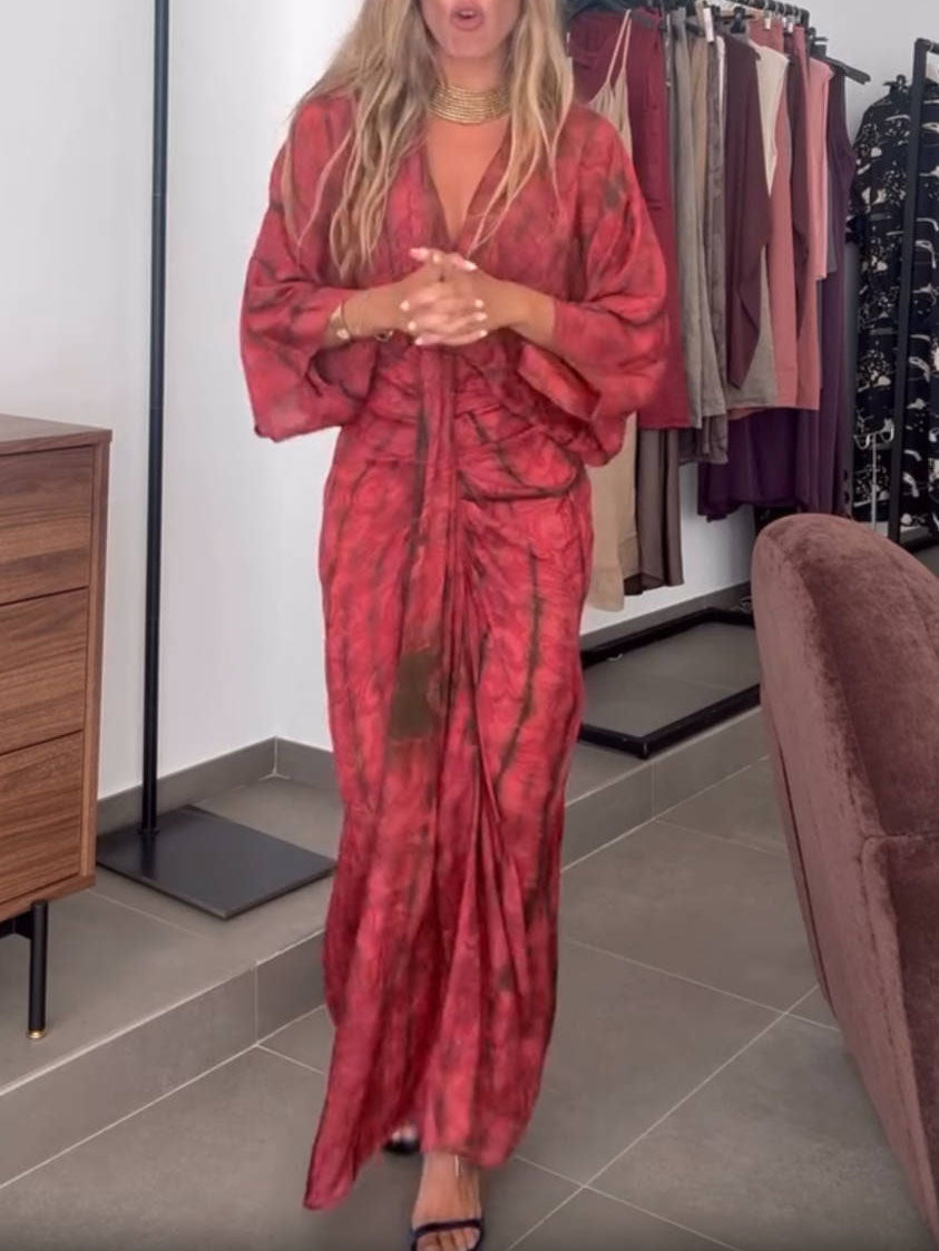 Dress in Viscose — V-Neck Kimono Sleeve Maxi with Boho Print and Front Twist