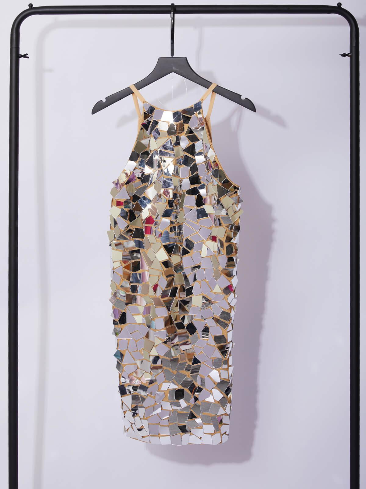 Dress in Mirror Sequin — Halter Neck Bodycon Mini for Party and Evening
