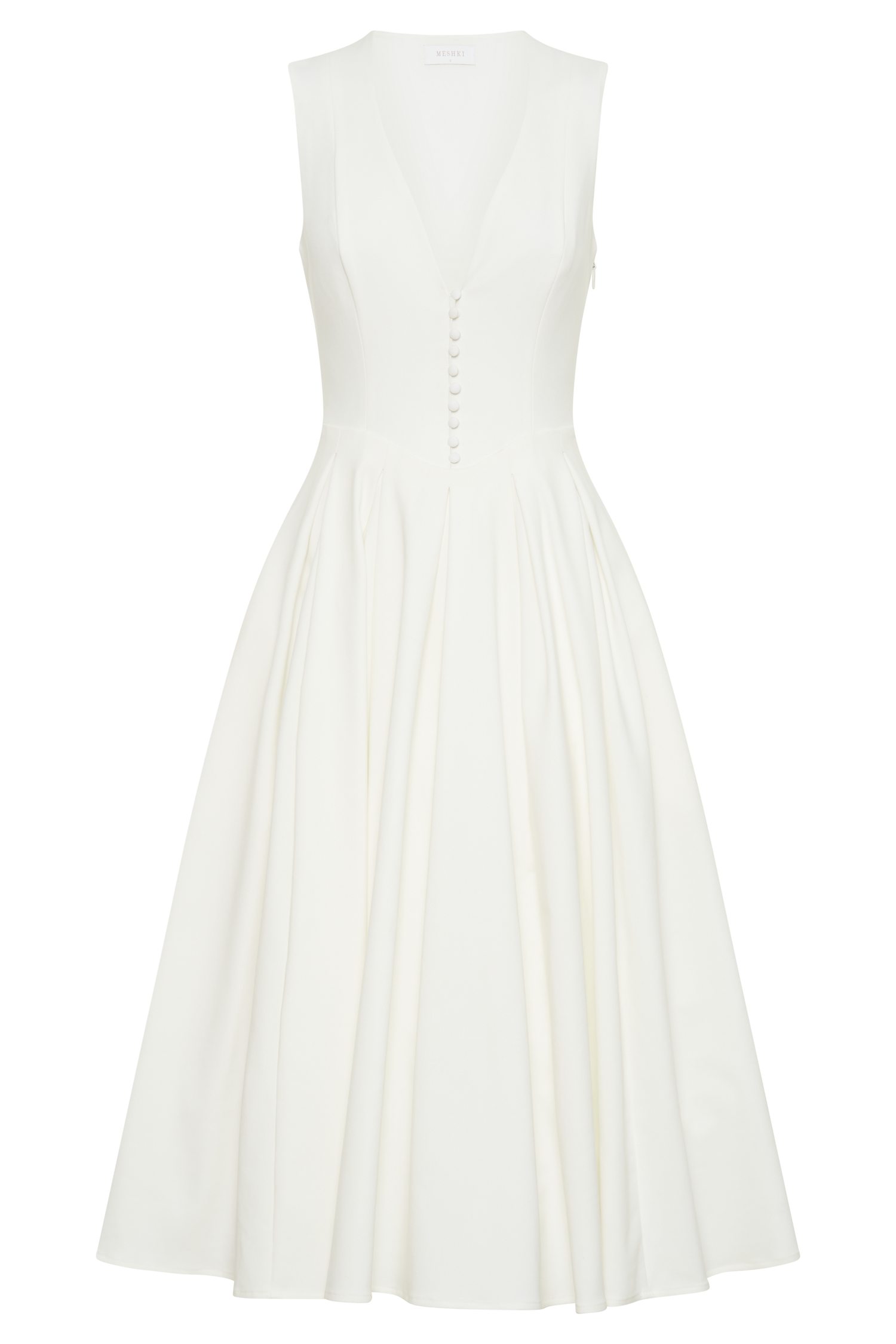Dress in Satin — Sleeveless Deep V Neck A-Line Midi with Button Detail for Wedding Guest