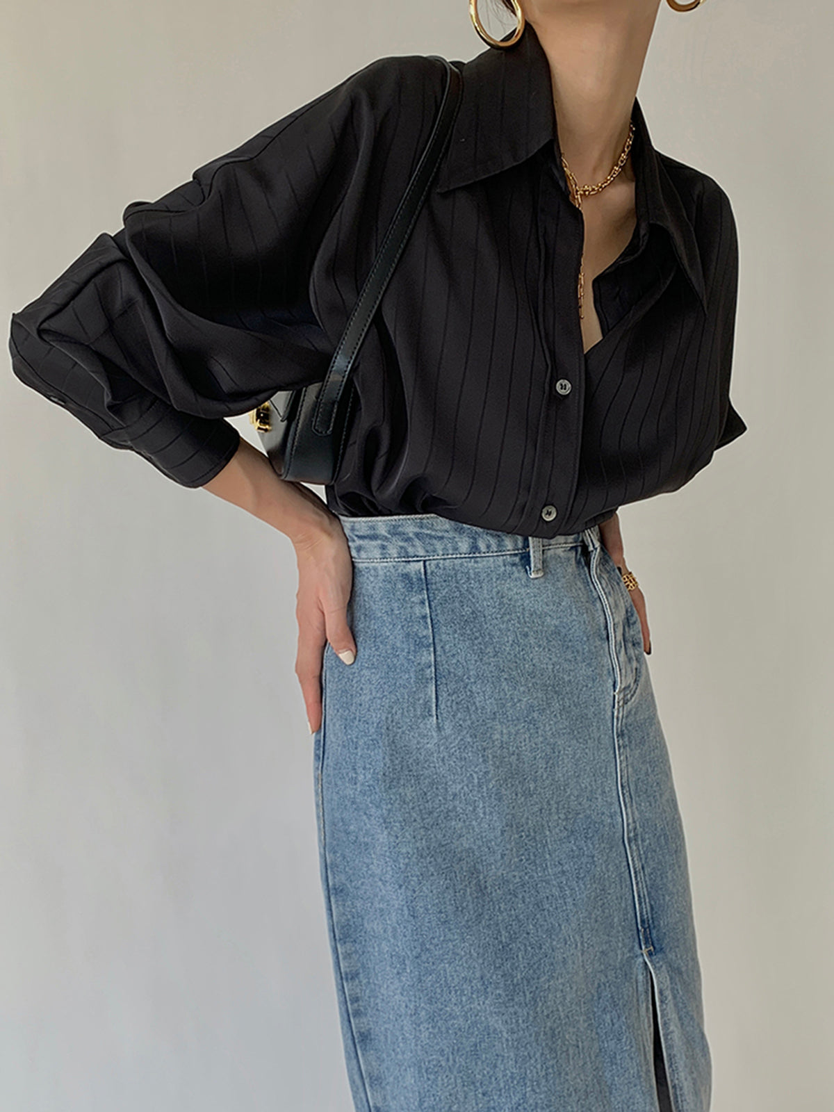Blouse in Satin — Oversized Long Sleeve Button Down with Tonal Stripe for Elegant Wear