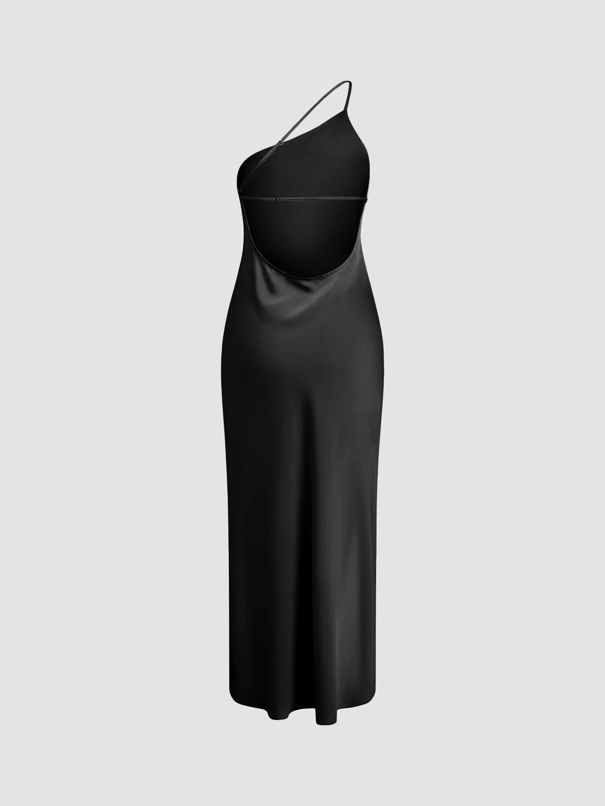 Dress in Satin — One Shoulder Backless Maxi with Cowl Back and High Slit for Evening