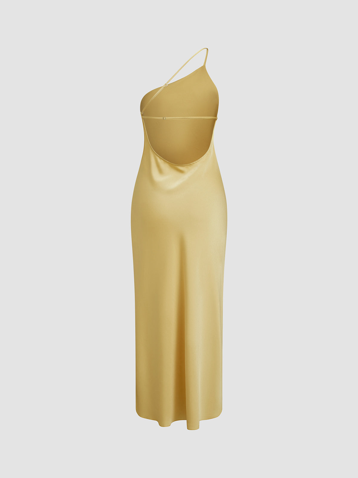 Dress in Satin — One Shoulder Backless Maxi with Cowl Back and High Slit for Evening