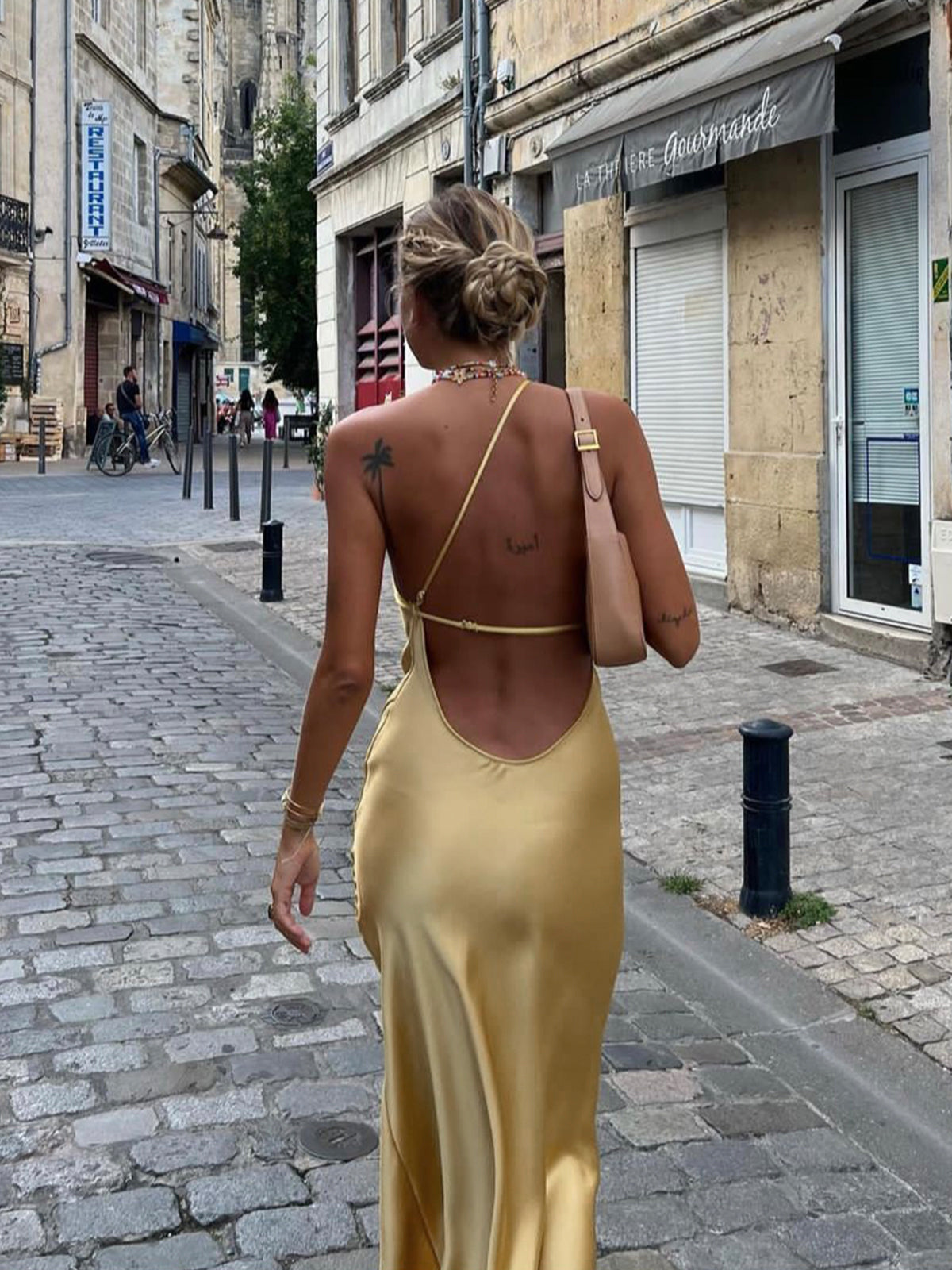 Dress in Satin — One Shoulder Backless Maxi with Cowl Back and High Slit for Evening
