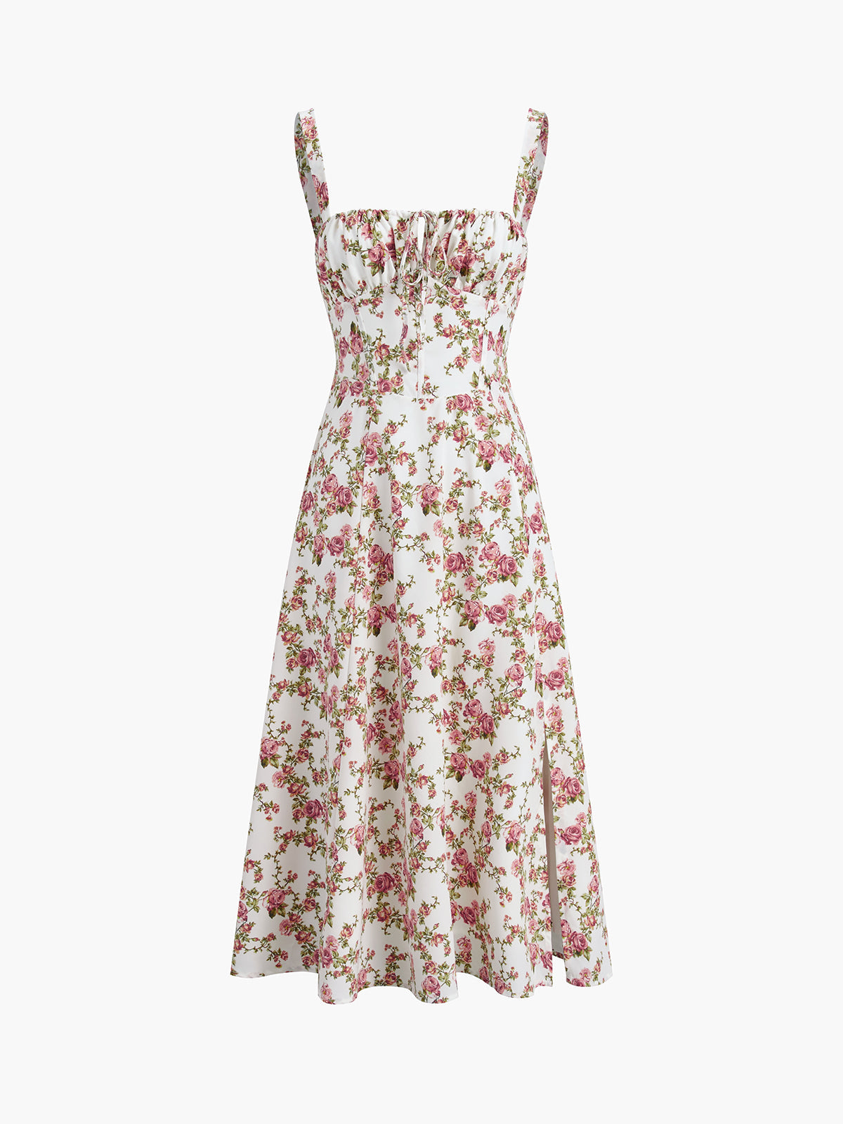 Dress in Cotton — Floral Corset Bodice Midi with Lace-Up Back and High Slit for Summer