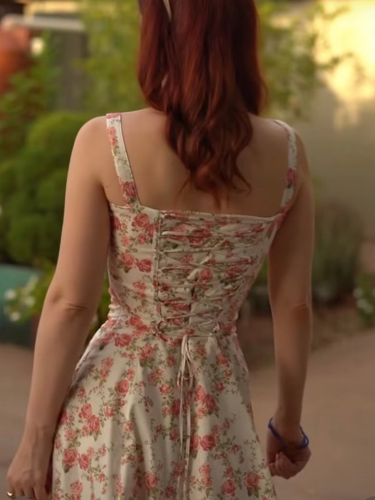Dress in Cotton — Floral Corset Bodice Midi with Lace-Up Back and High Slit for Summer