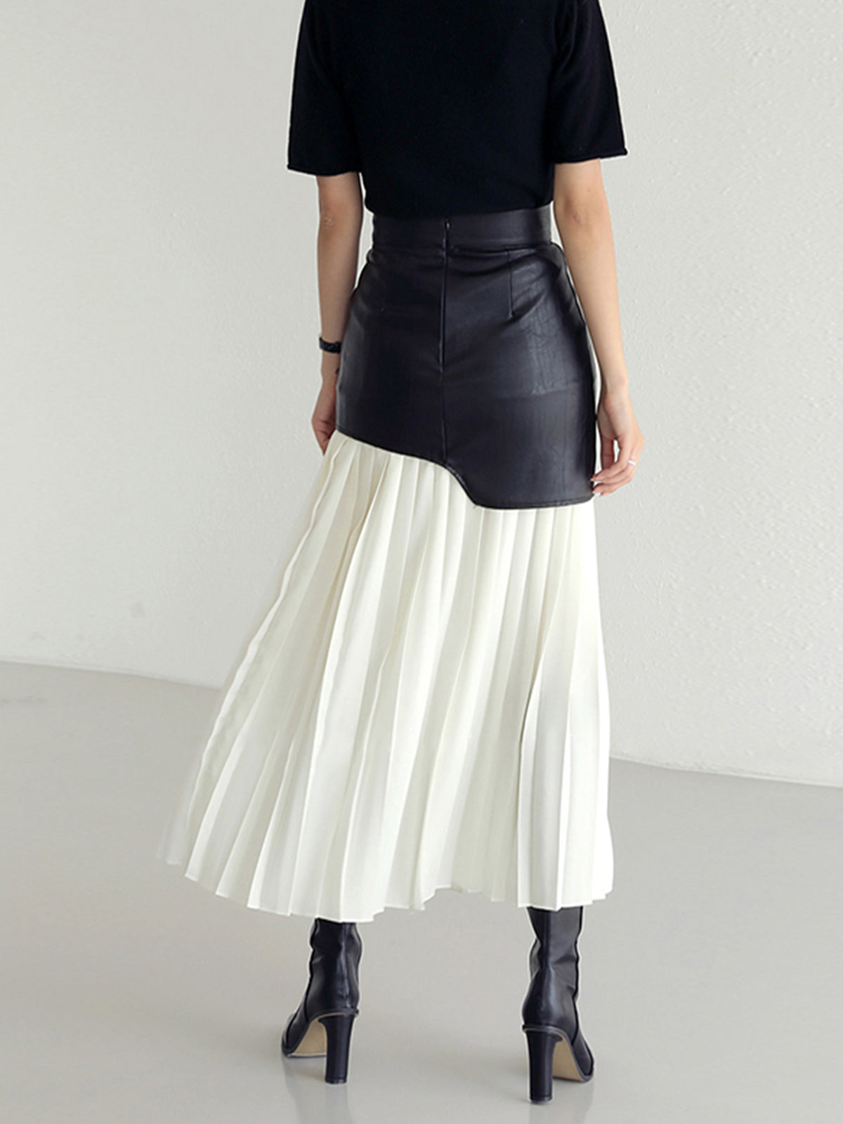 Maxi Skirt | Asymmetric Patchwork | High Waist | Leather Pleated Contrast Panel Design