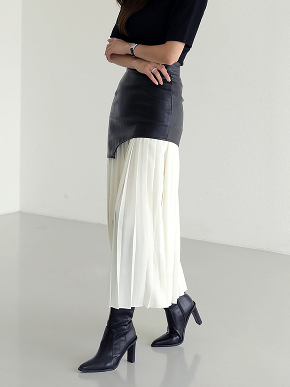 Maxi Skirt | Asymmetric Patchwork | High Waist | Leather Pleated Contrast Panel Design