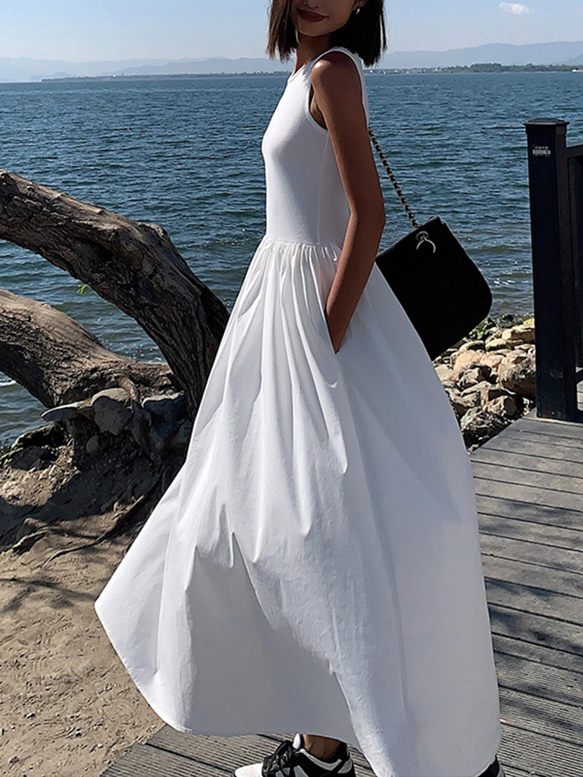 Dress in Cotton — Sleeveless Ribbed Bodice Midi with Full Gathered Skirt and Pockets