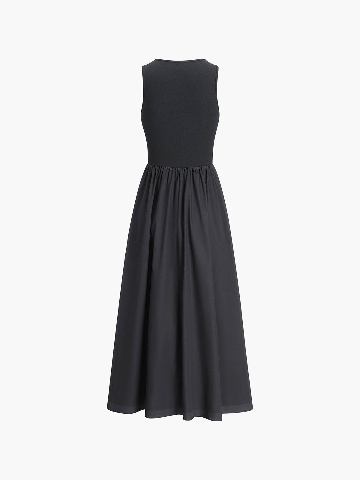 Dress in Cotton — Sleeveless Ribbed Bodice Midi with Full Gathered Skirt and Pockets