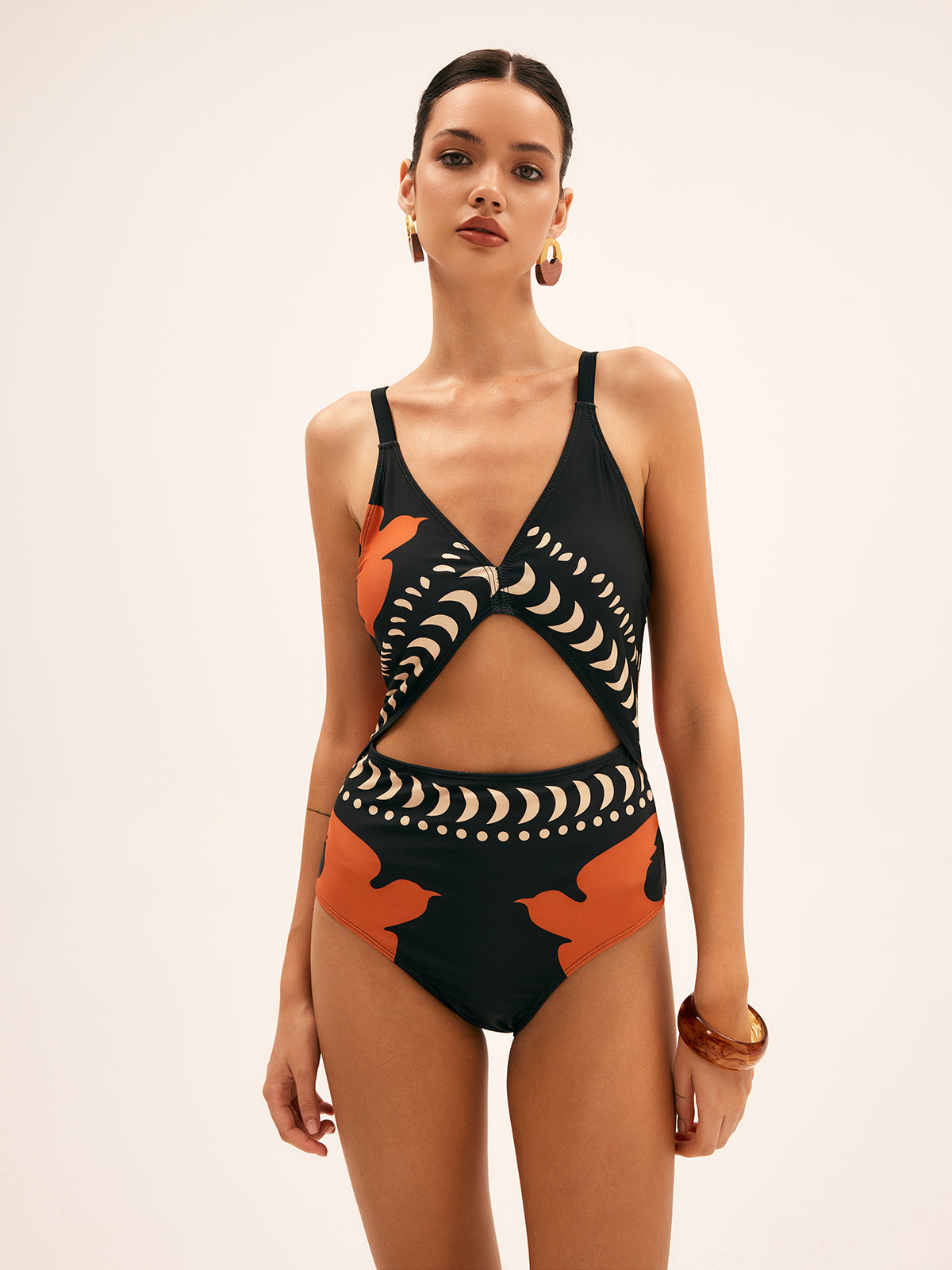 One-Piece Swimsuit in Stretch Nylon — Cut-Out Midriff with Abstract Bird and Crescent Moon Print