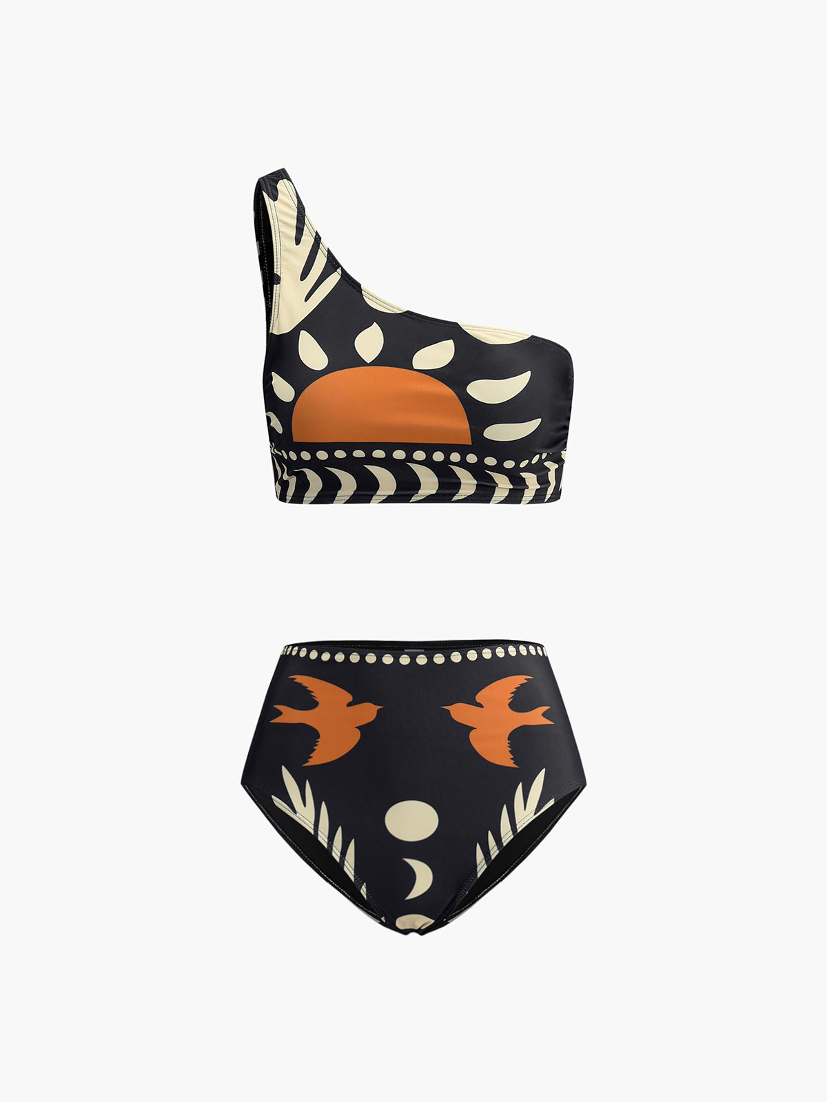 Bikini Set in Stretch Nylon — One-Shoulder High Waist with Celestial Bird Print