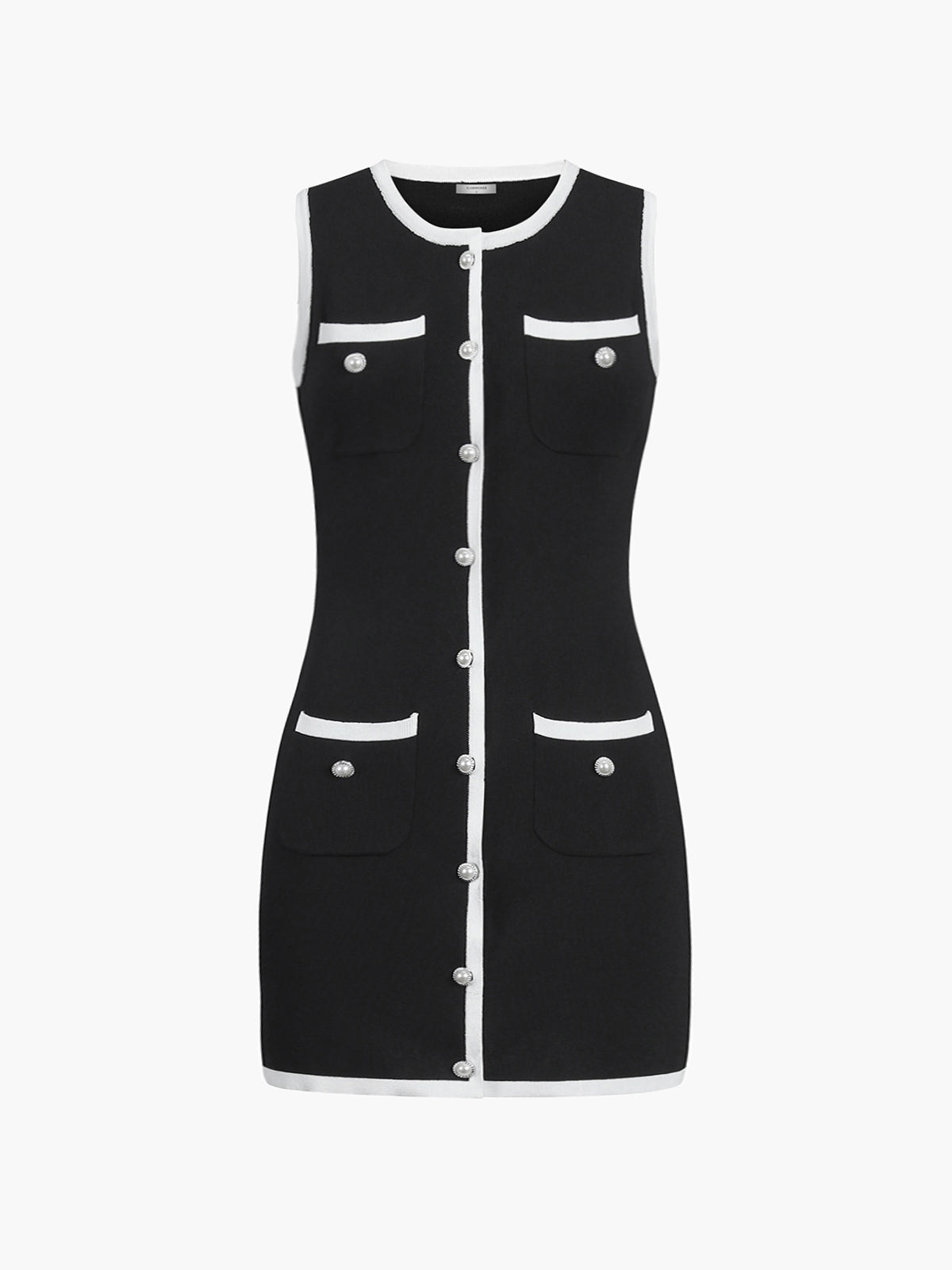 Dress in Knit — Sleeveless Pearl Button Mini with Contrast Trim for Elegant Style