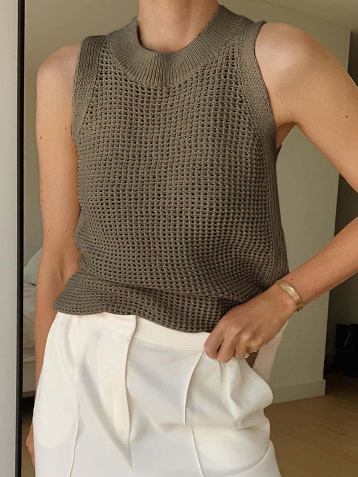 Tank Top in Cotton — Sleeveless Open Knit Crochet with Ribbed Crew Neck for Summer