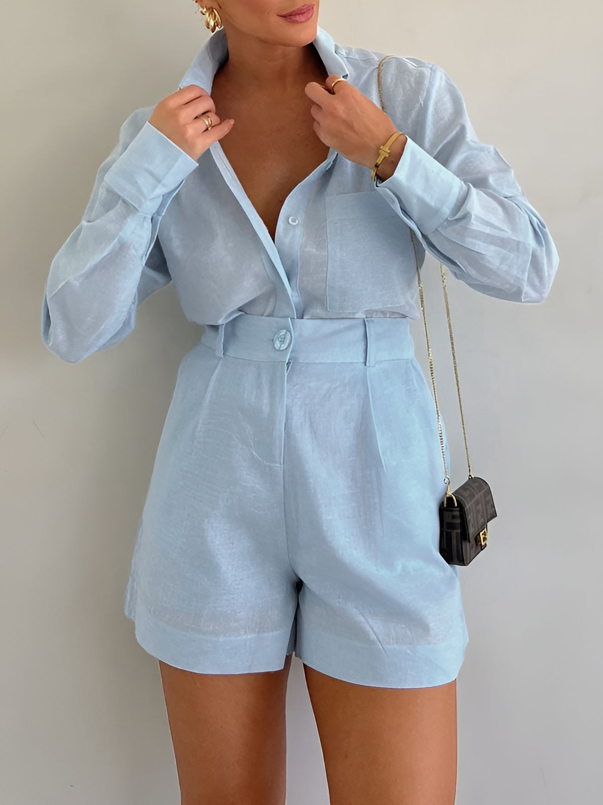 Set in Linen — Long Sleeve Button Shirt with High Waist Belted Shorts for Women