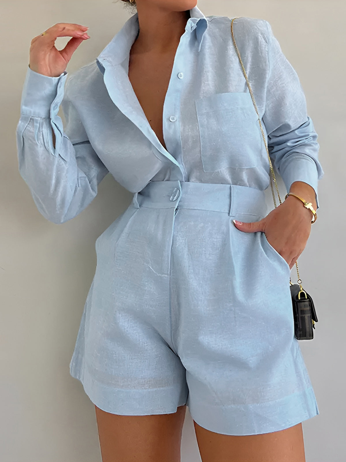 Set in Linen — Long Sleeve Button Shirt with High Waist Belted Shorts for Women