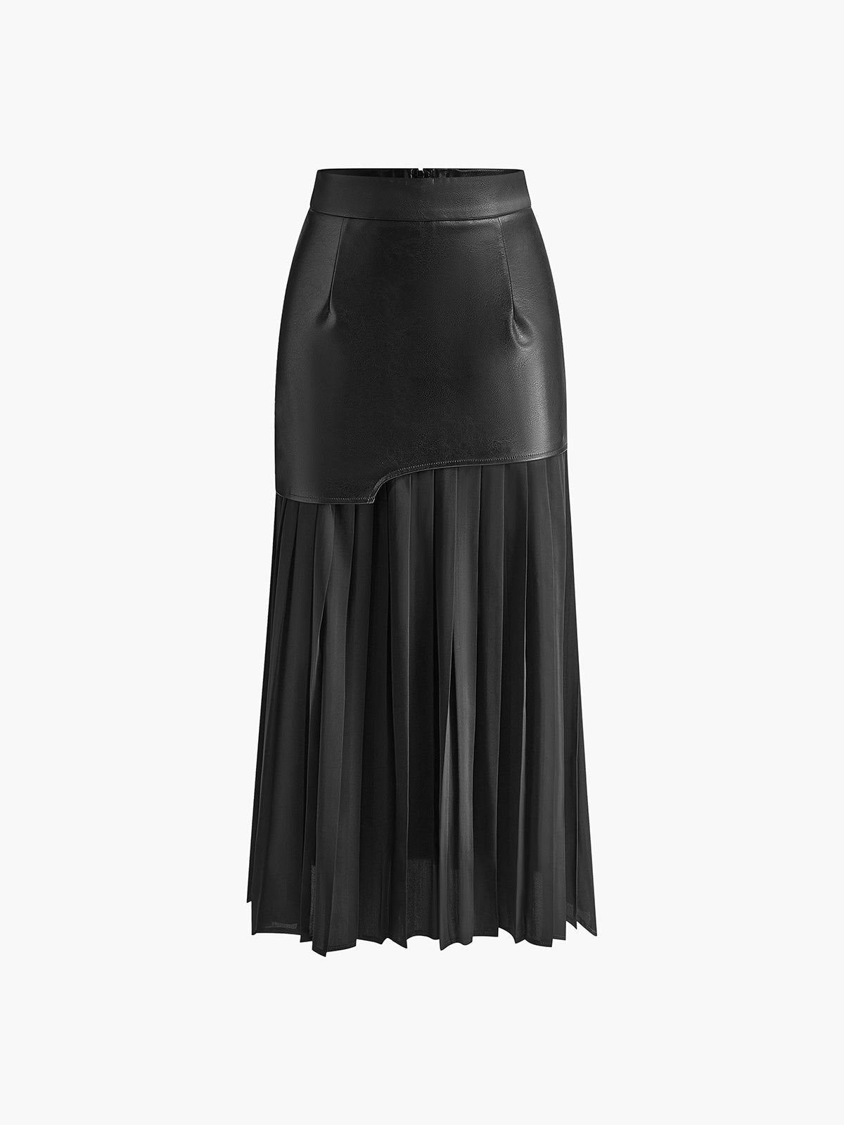 Maxi Skirt | Asymmetric Patchwork | High Waist | Leather Pleated Contrast Panel Design