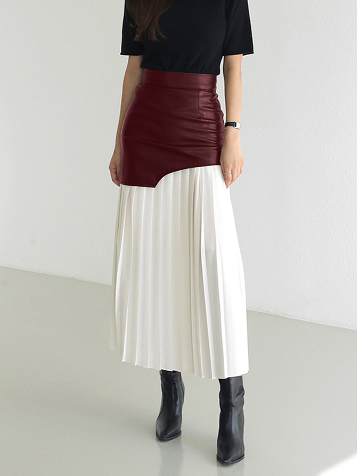 Maxi Skirt | Asymmetric Patchwork | High Waist | Leather Pleated Contrast Panel Design