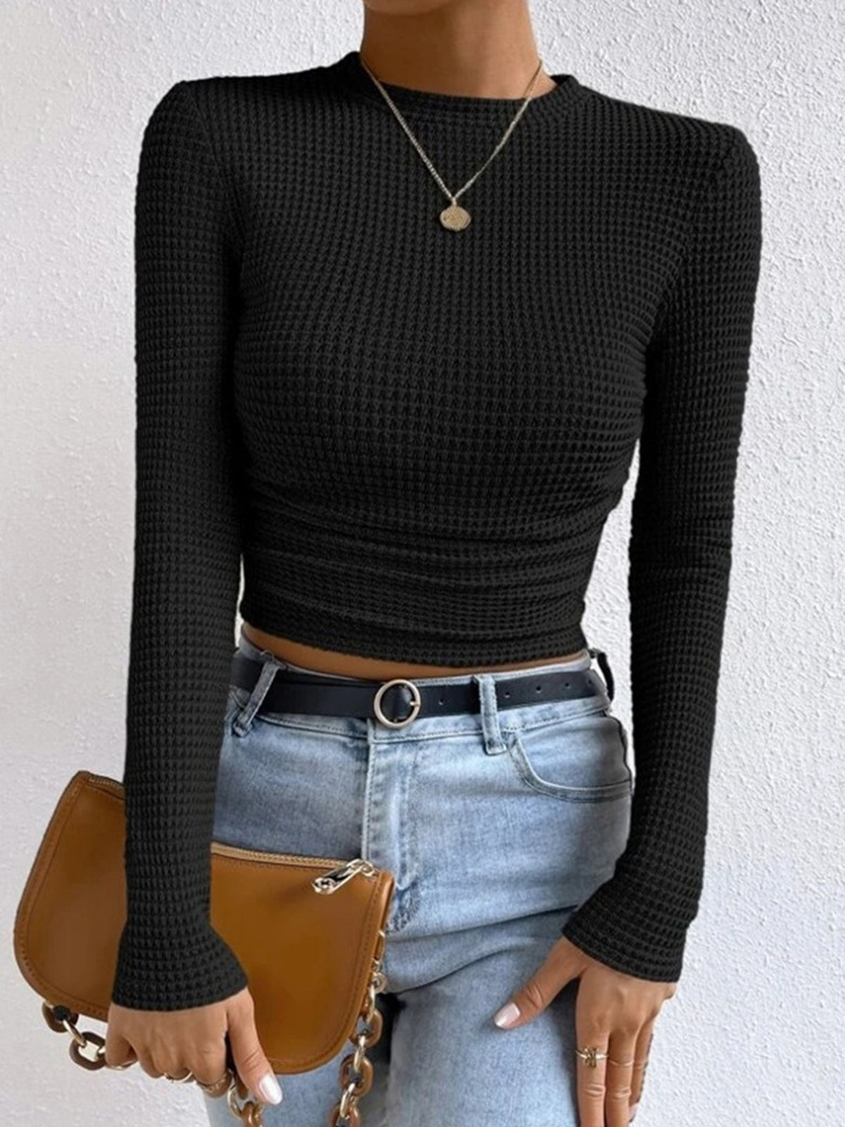 Top in Waffle Knit — Long Sleeve Slim Fit Crop with Ruched Hem for Casual Everyday Style