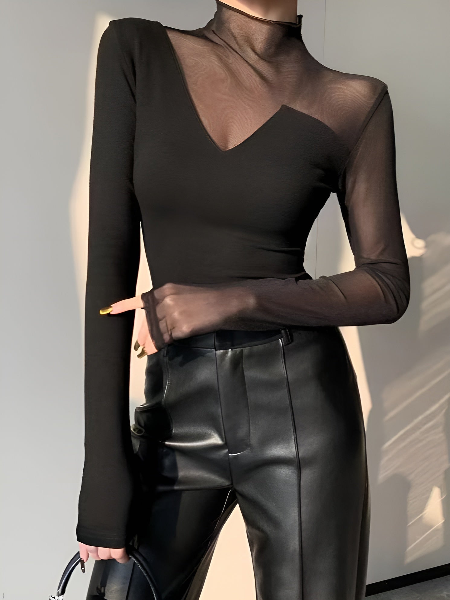Top in Mesh — Sheer Panel Long Sleeve with Asymmetric Insert and Mock Neck for Evening Style
